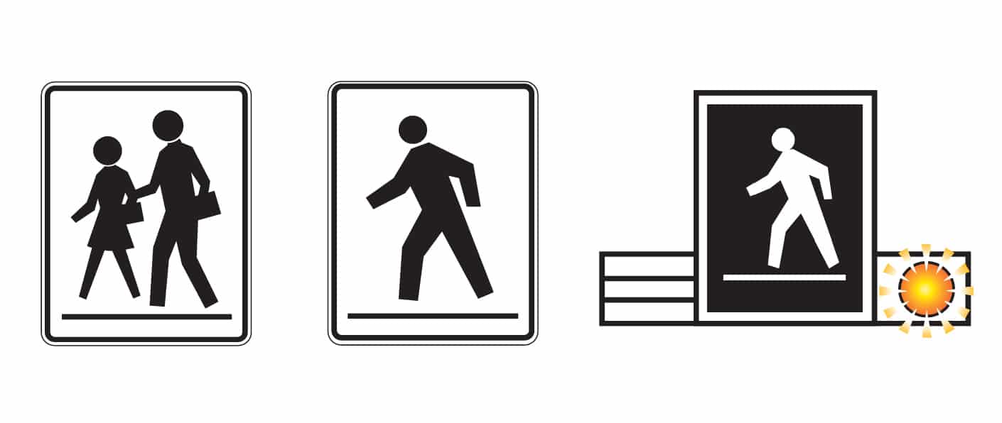 A graphic displaying three pedestrian crosswalk road signs: one for school crosswalk, one for pedestrian crosswalk, and one for a pedestrian activated crosswalk.