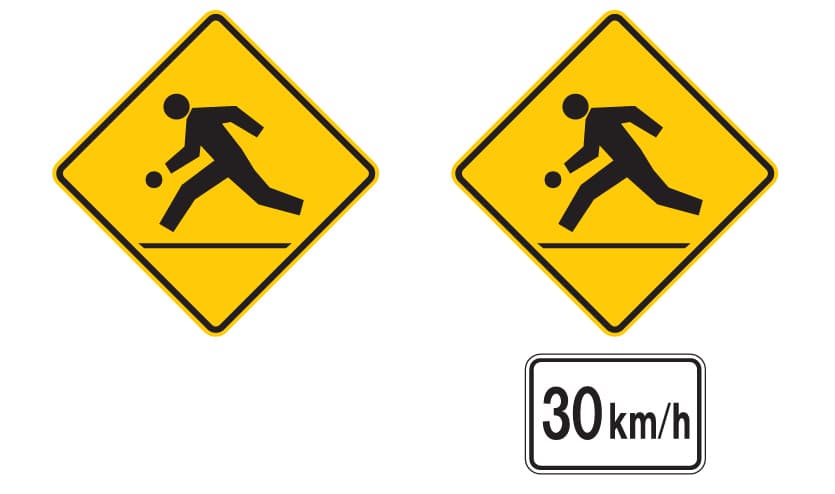 A graphic displaying two playground zone road signs: one with a "30 km/h" speed tab and one without.