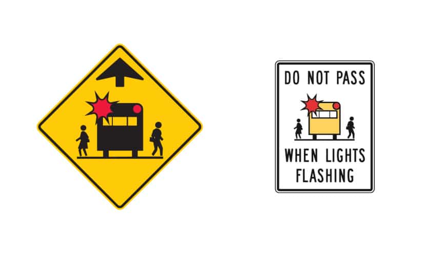 A graphic displaying two school bus road signs: one indicating a school bus stop ahead, and one prohibiting passing while bus lights are flashing.
