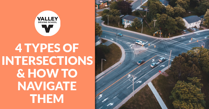 A blog post header graphic featuring an orange section on the left with the Valley Driving School logo and the text **"4 TYPES OF INTERSECTIONS & HOW TO NAVIGATE THEM"**, alongside an aerial photo on the right of a busy multi-lane road intersection.