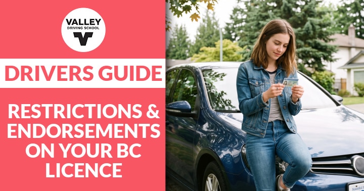A blog post header graphic featuring a red section on the left with the Valley Driving School logo and the text "DRIVERS GUIDE TO RESTRICTIONS & ENDORSEMENTS ON YOUR BC LICENCE", alongside a photo on the right showing a smiling woman sitting in a car holding a driver's licence.