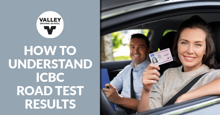 A blog post header graphic featuring a grey section on the left with the Valley Driving School logo and the text "HOW TO UNDERSTAND ICBC ROAD TEST RESULTS", alongside a photo on the right showing a driver holding up a driver's licence inside a car.
