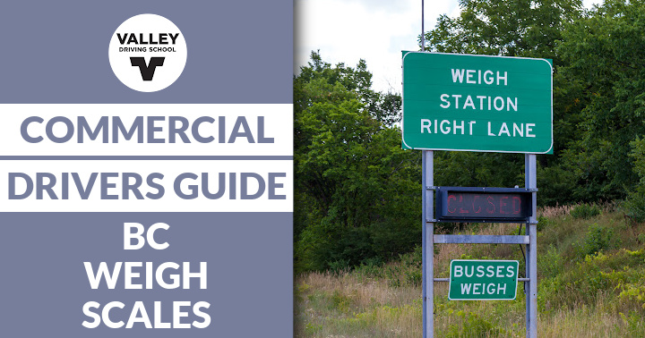 A blog post header image featuring the text Commercial Drivers Guide to BC Weigh Scales alongside a green highway sign for a weigh scale station.