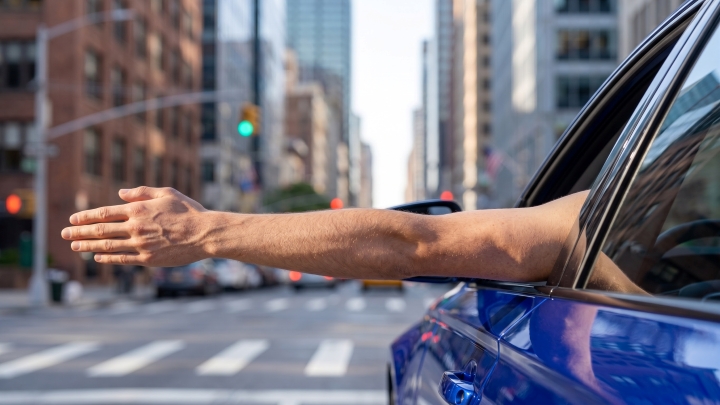 A view of a driver extending their left arm straight out of a car window, pointing horizontally to signal a left turn.