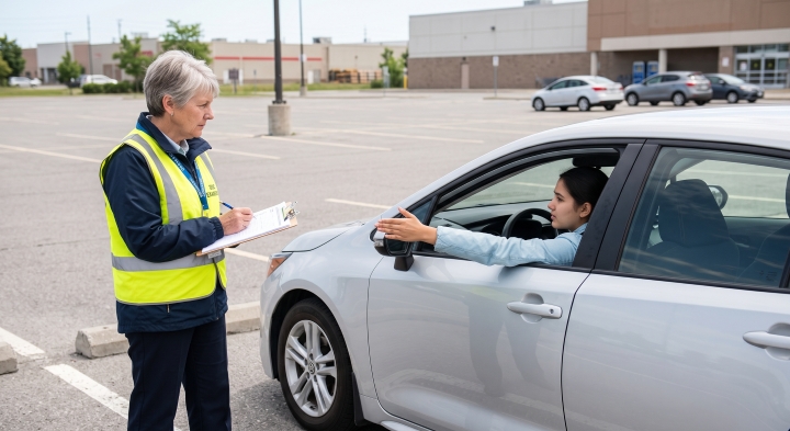A driving examiner wearing a high-visibility yellow vest standing outside a silver car, with the driver showing a left turn hand signal while sitting inside the car during a road test.