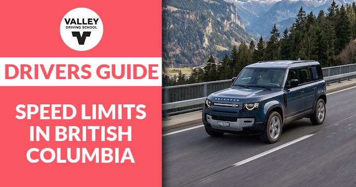 A blog post header graphic featuring a red section on the left with the Valley Driving School logo and the text "DRIVER'S GUIDE TO SPEED LIMITS IN BC", alongside a photo on the right showing a car driving down a road.