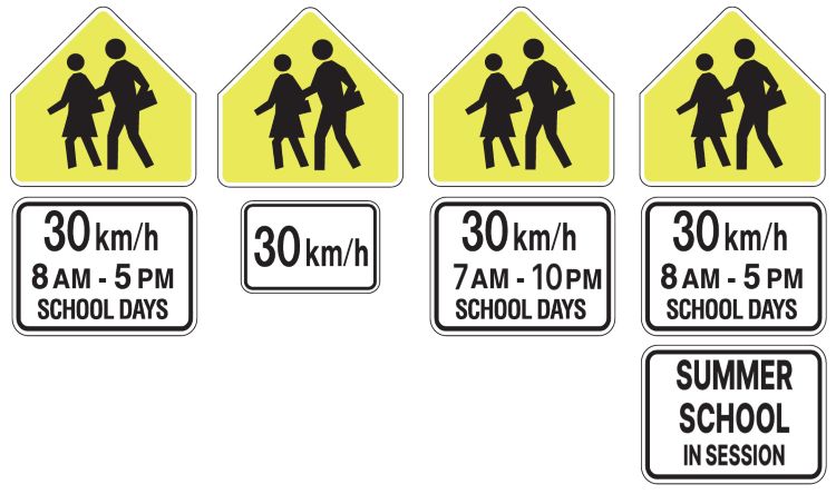 A graphic displaying four school sign road signs: one with a"30 km/h, 8AM-5PM, SCHOOL DAYS" speed tab, one with a "30 km/h" speed tab, one with a "30 km/h, 7AM-10PM, SCHOOL DAYS" speed tab, and one with a "30 km/h, 8AM-5PM, SCHOOL DAYS, SUMMER SCHOOL" speed tab.
