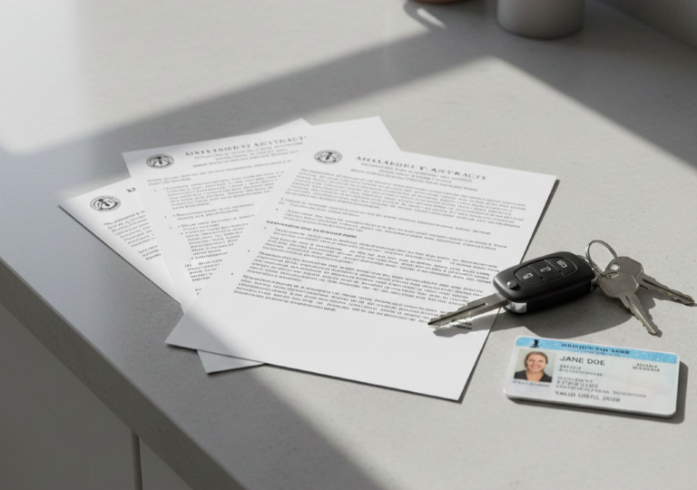 A set of car keys, a driver's license for "Jane Doe," and several official-looking "Abstract" documents laid out on a white countertop in bright, shadowed sunlight.