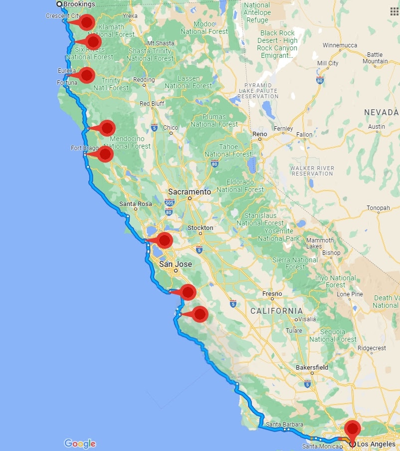 google map screenshot with place markers of landmarks and spots of interest throughout california