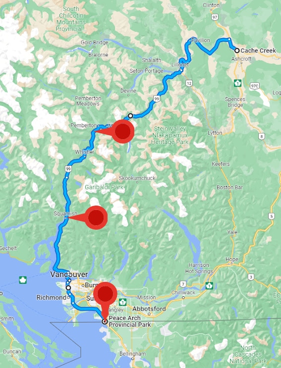 google map screenshot with place markers of landmarks and spots of interest throughout british columbia