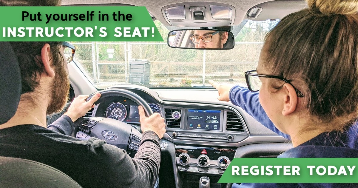 A man and a woman in a car during a driving lesson with text that says Put yourself in the INSTRUCTOR'S SEAT! and REGISTER TODAY.