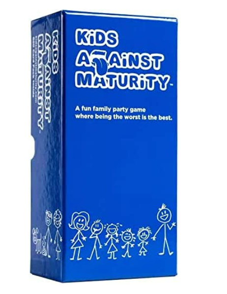 A blue box for the card game Kids Against Maturity, featuring white text and a cartoon character on the side.