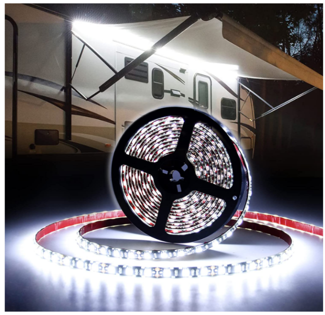 A coiled white LED light strip and a second view showing the blue lights installed under an RV awning.