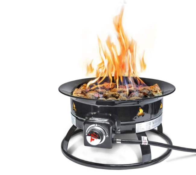 A black portable propane fire bowl with orange flames rising from a bed of lava rocks.