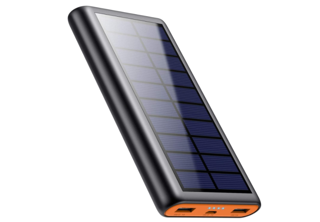 A black and orange portable solar charger battery bank with a built-in solar panel on the top surface.