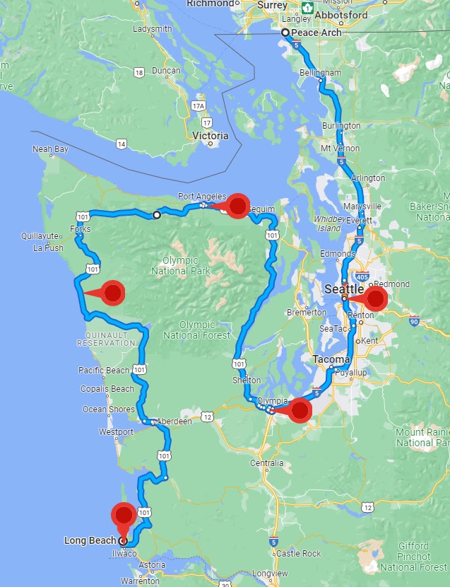 google map screenshot with place markers of landmarks and spots of interest throughout washington