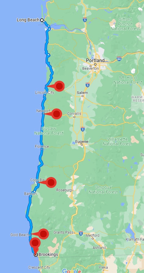 google map screenshot with place markers of landmarks and spots of interest throughout oregon