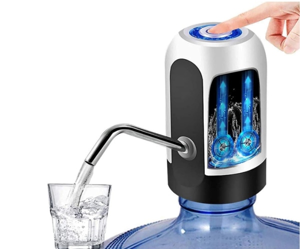 An electronic water pump dispenser attached to a large blue water jug, dispensing water into a clear glass.
