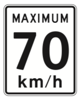 A rectangular white regulatory sign indicating a 70 km/h speed limit.