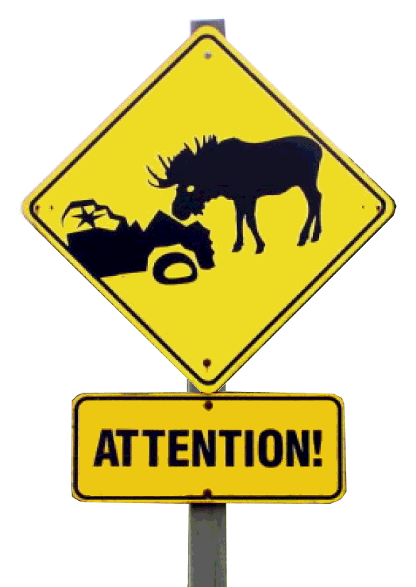 A yellow diamond-shaped warning sign featuring a silhouette of a moose.