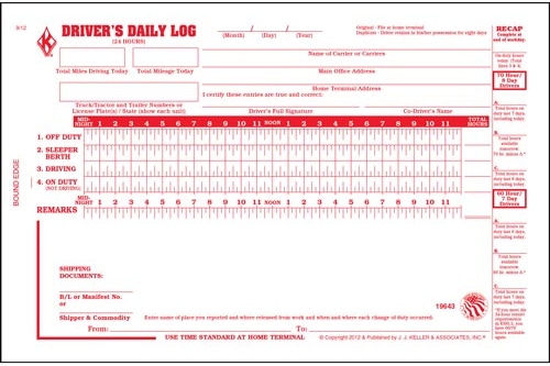 A blank "DRIVER'S DAILY LOG" form used by commercial drivers to track hours for off duty, sleeper berth, driving, and on duty status over a 24-hour period.