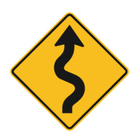 A diamond-shaped yellow warning sign showing a winding road symbol.