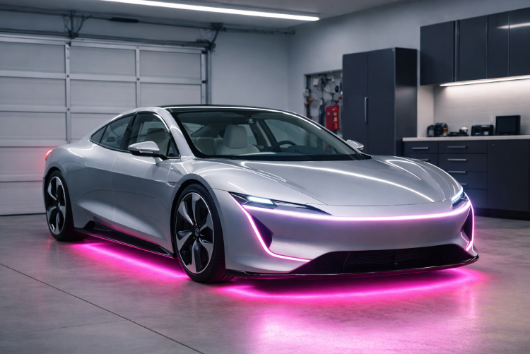 A sleek, silver electric sports car parked in a clean, modern garage, highlighted by vibrant pink neon underglow and matching pink light accents on the front bumper.
