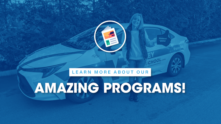 young girl standing in front of a valley driving school car, there is words overlayed on the image that say "Learn more about our amazing programs"