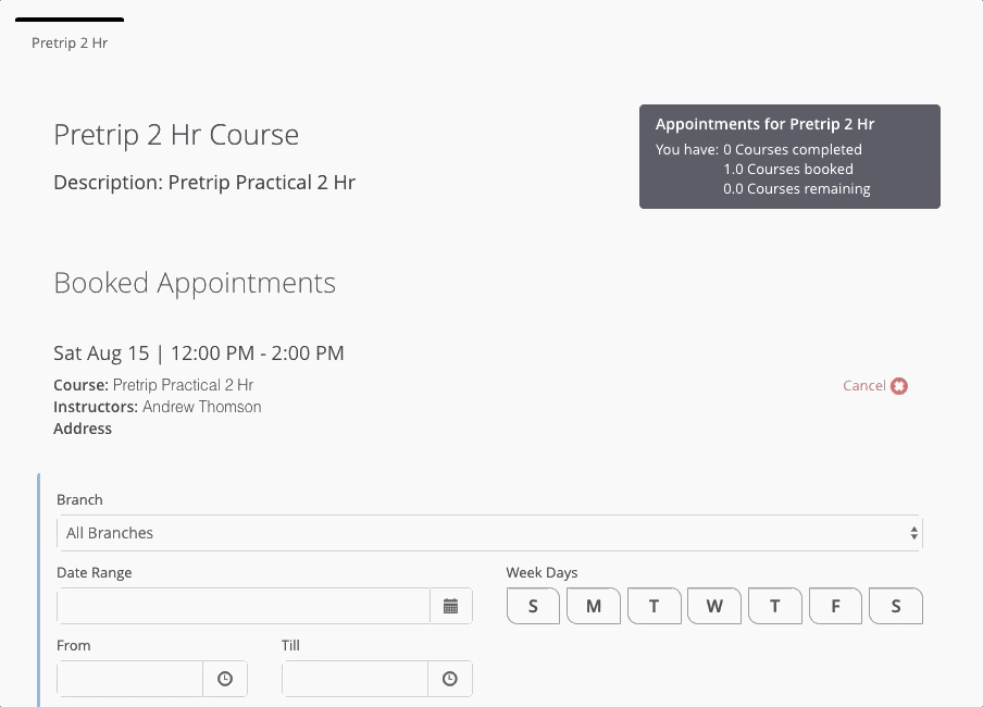 example of cancelling an appointment on Valley Driving School student account website.
