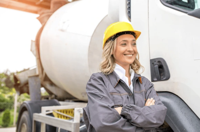 Woman wearing a hard hat and grey coveralls, standing in front of a cement truck with her arms folded