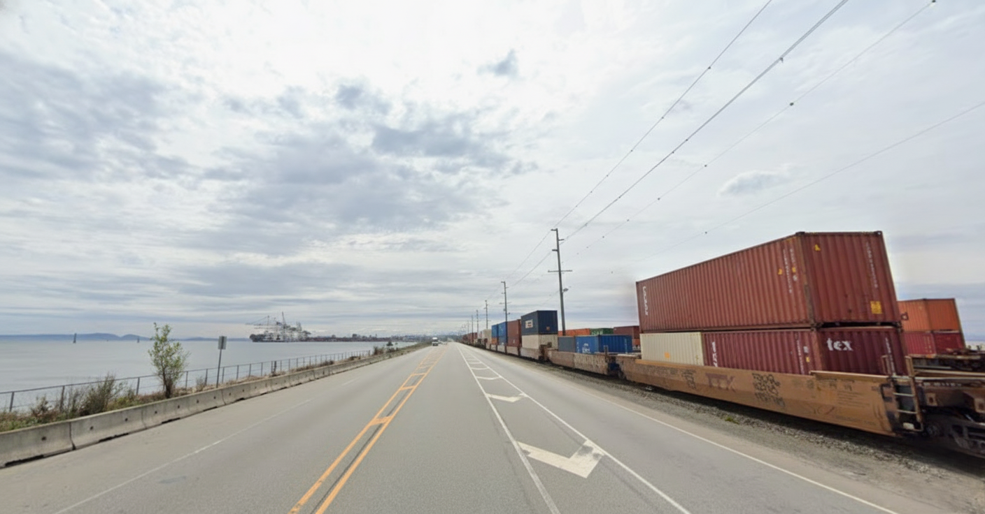 Road with the ocean to the left and trucking containers on the right side of the road.