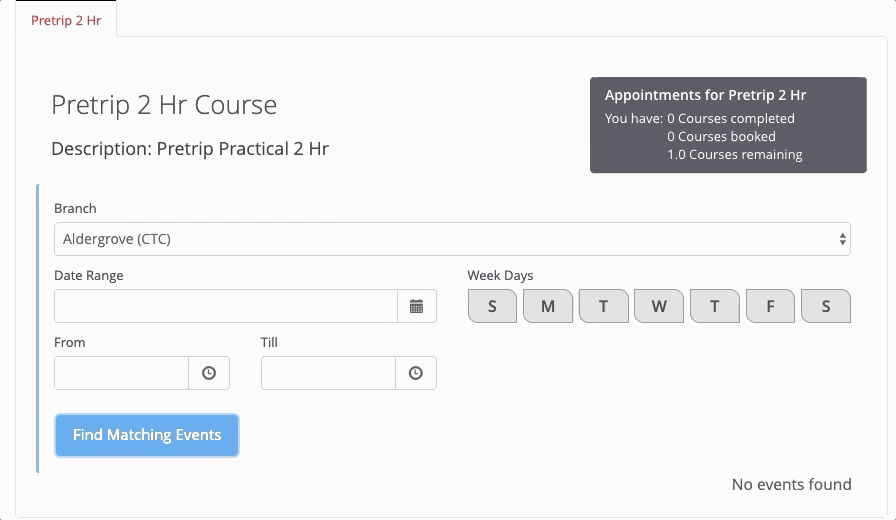 example of clicking on "find matching events" filters on Valley Driving School student account website.