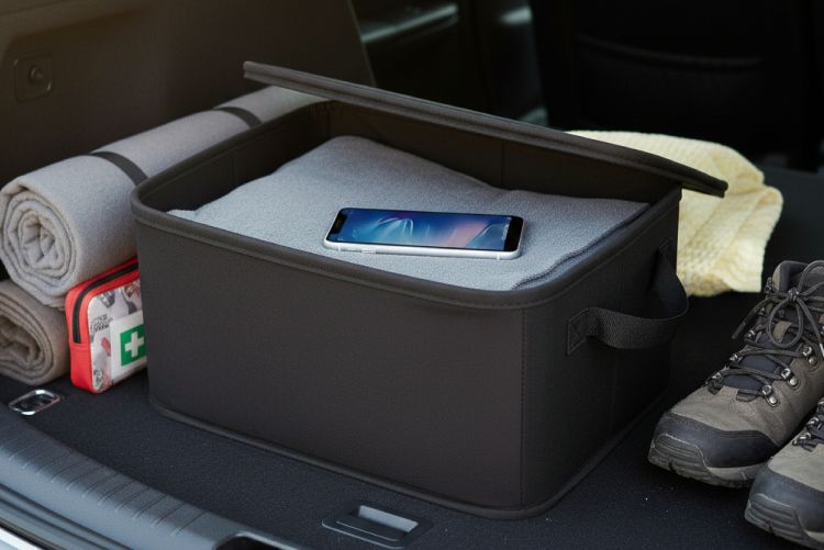 A black storage organizer in a car trunk containing a grey blanket with a smartphone on top, sitting alongside rolled blankets, a red first-aid kit, and a pair of hiking boots.