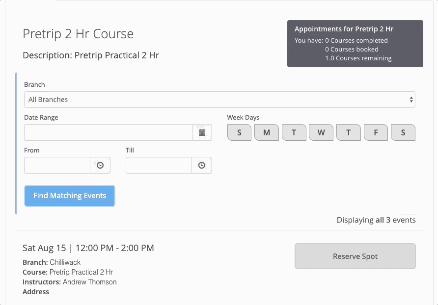 example of clicking on "reserve spot" to book an appointment on Valley Driving School student website.