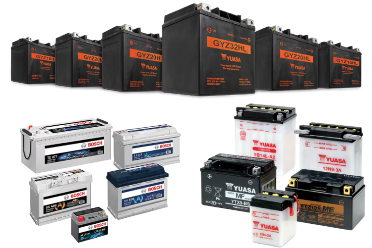 A collection of various batteries for vehicles and power sports equipment, featuring different sizes and models from brands like Bosch and Yuasa.
