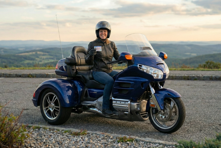 A woman wearing a helmet and leather jacket sitting on a large blue three-wheeled touring motorcycle at a scenic overlook, holding up her driver's license.