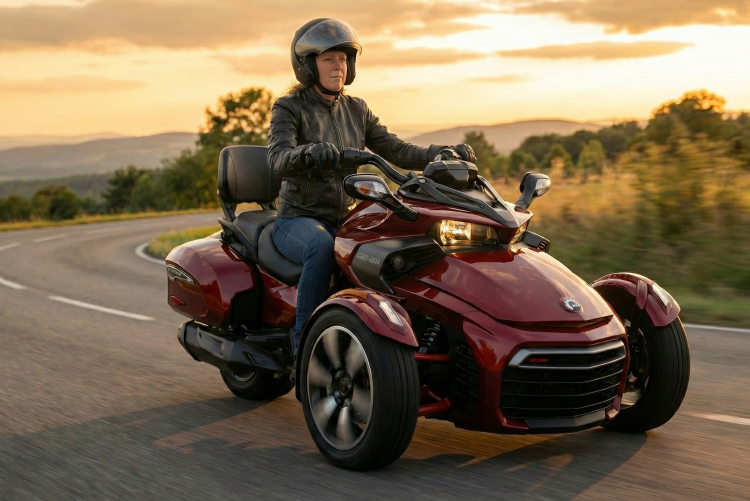 A woman in a helmet and leather jacket riding a red Can-Am Spyder three-wheeled motorcycle along a winding road at sunset.