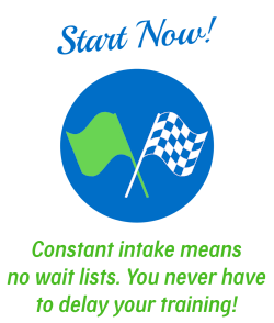 Blue and green "start now" icon with 2 racing flags pictured.