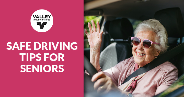 A blog post header image featuring the text Safe Driving Tips for Seniors alongside a photo of an older adult driving a vehicle.