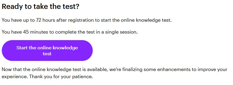 A digital screen showing the "Ready to take the test?" landing page on the ICBC website, outlining that test takers have up to 72 hours after registration to start and 45 minutes to complete the exam, featuring a purple "Start the online knowledge test" button.