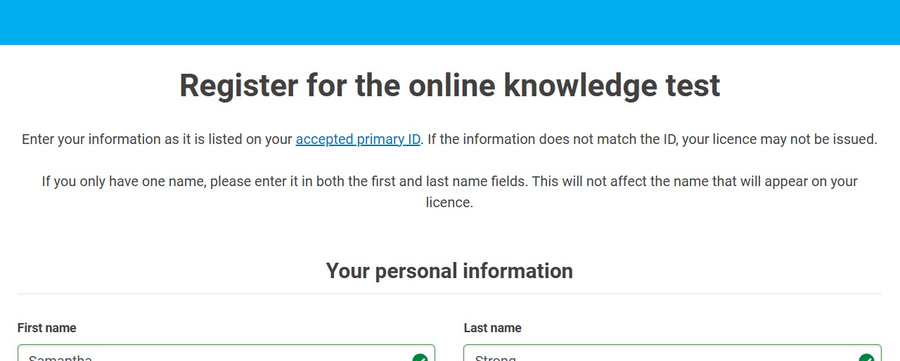 A digital screen showing the "Register for the online knowledge test" page on the ICBC website, featuring form fields for entering personal information (such as first and last name) matching a primary ID.
