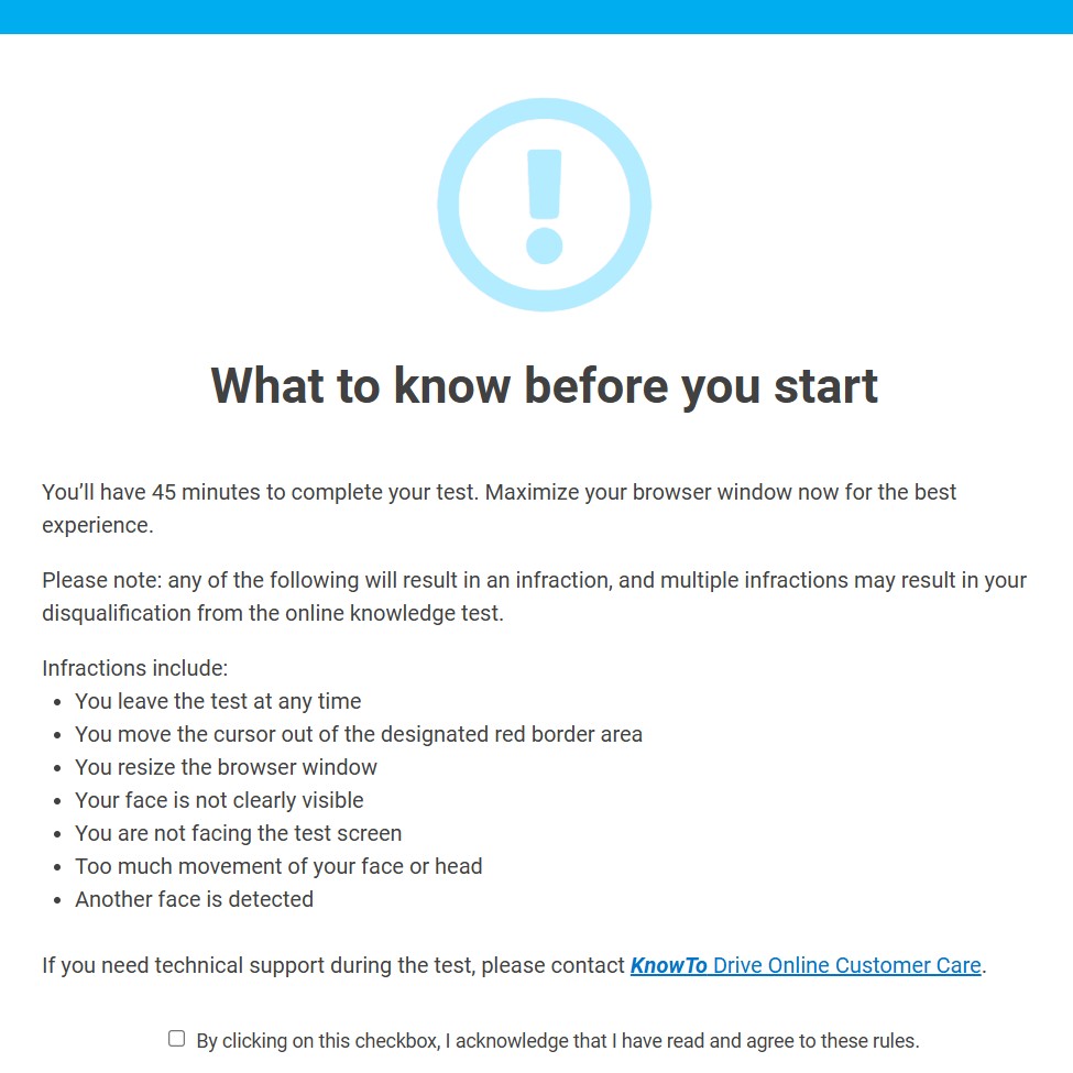 An online testing screen titled What to know before you start, outlining rules and infractions for the knowledge test, such as test duration and face visibility requirements, with an acknowledgment checkbox at the bottom.