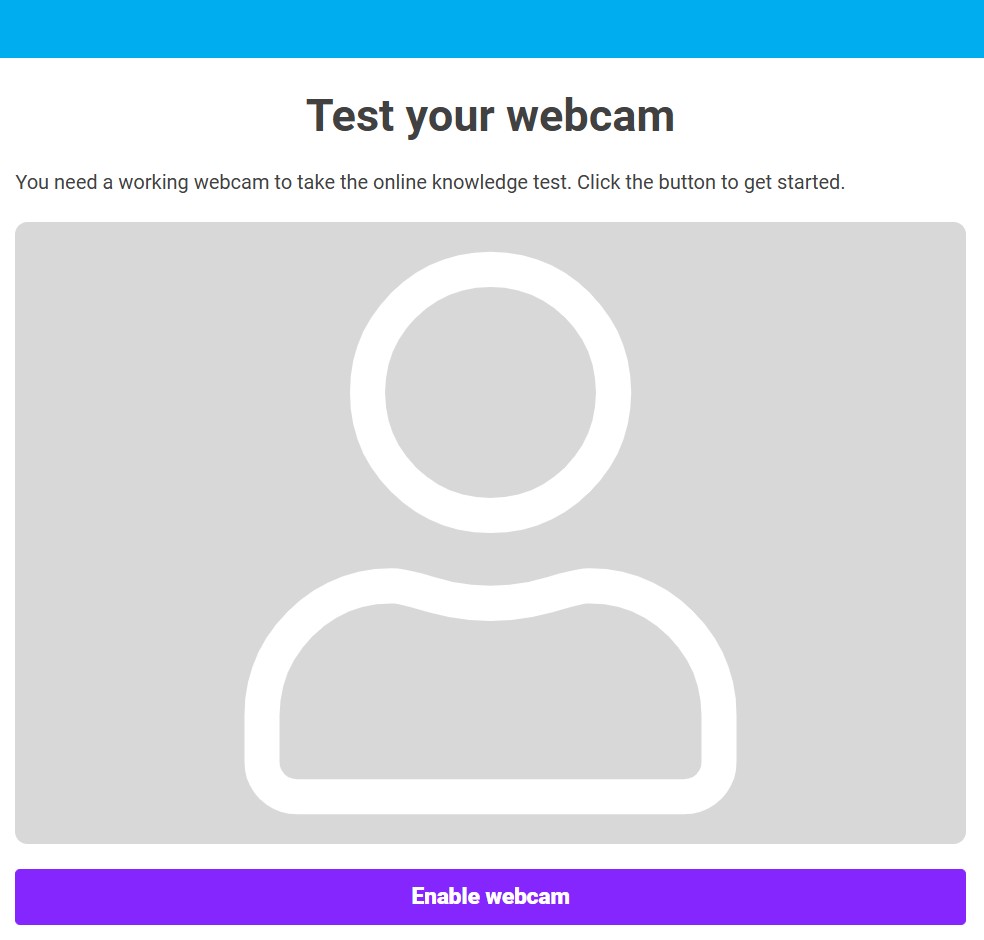 An online testing screen titled "Test your webcam," prompting the user to enable their working webcam to proceed with the online knowledge test, featuring a large grey profile silhouette placeholder and a purple "Enable webcam" button at the bottom.