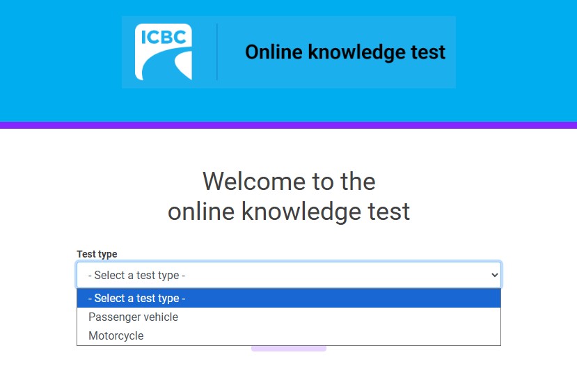 An online testing screen titled "Welcome to the online knowledge test," featuring a dropdown menu for the user to select their test type, with options displayed for "Passenger vehicle" and "Motorcycle."