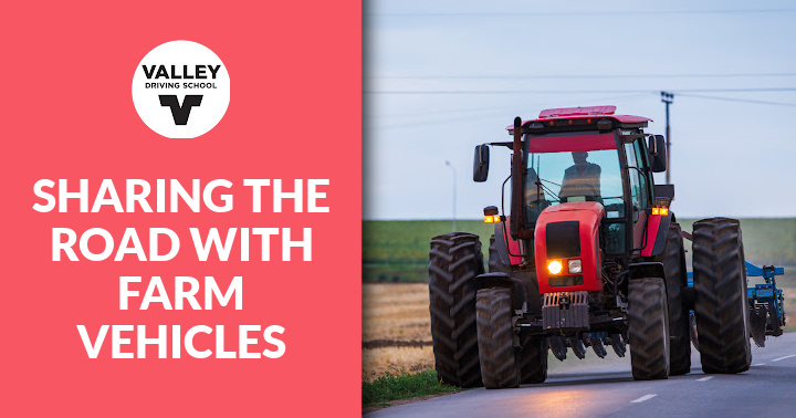 A blog post header image featuring the text **"Sharing the Road with Farm Vehicles"** alongside a photo of a red tractor on a rural road, set against a red color block.