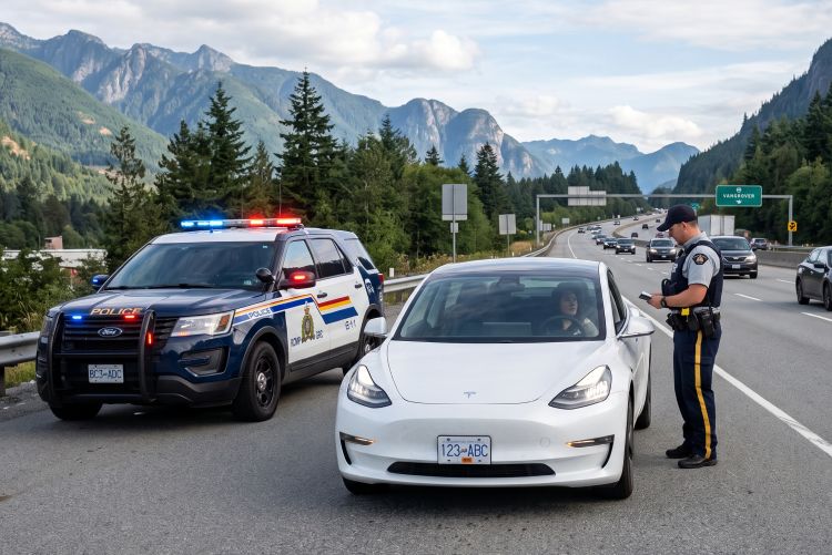 A white car pulled over on the side of a busy highway with a police SUV parked beside it, with mountains in the background. A police officer stands beside the white car, issuing a ticket to the driver.