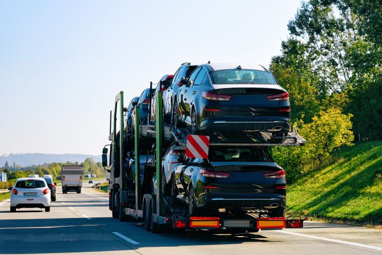 This image shows a large semi-truck, hauling cars on its trailer,driving on a highway.