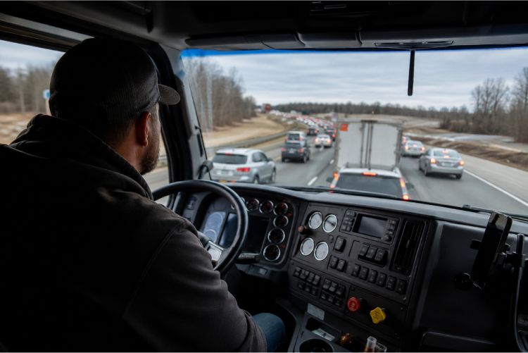 A view from inside a truck cab behind the driver, showing a man wearing a baseball cap holding the steering wheel while watching traffic ahead on a multi-lane highway.