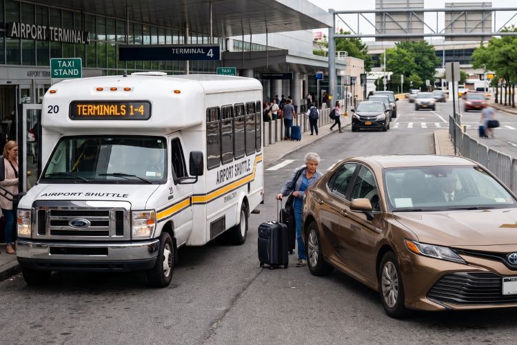 A white commercial shuttle bus and a brown ridesharing car are stopped on alongside a pedestrian pick-up area at an airplane terminal. 