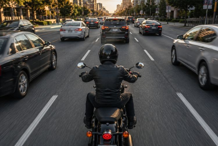 A view from behind a motorcyclist riding down a busy multi-lane road surrounded by dense car traffic on both sides.